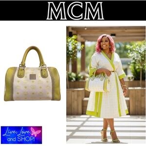 MCM Lime Green & White Visetos Boston Bag, EUC